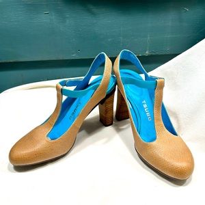 Taupe Tsubo T-strap, snake embossed, leather sling back heels. Worn <5 times.